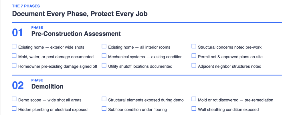 photo documentation checklists by trade